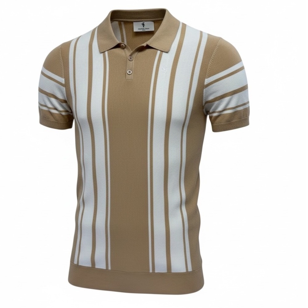 Father Sons Polo Mens XXXL Tan White Stripe Knit Polo‎ Shirt (S43) NWTs